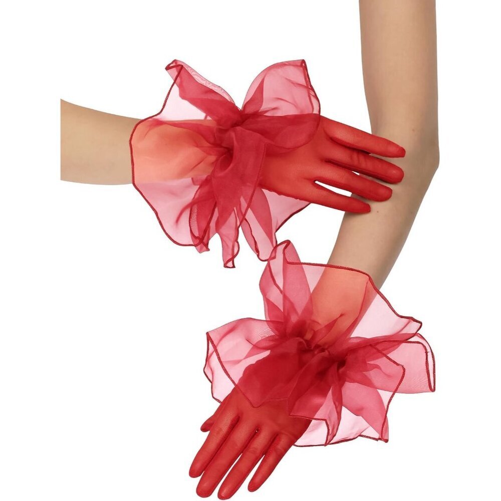 Women's Red Short Mesh Imported Tulle Sheer Lace Ruffles Gloves
